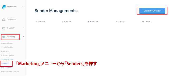 Sender Managementの画面
