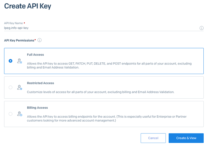 API Keyの名前を登録し、フルアクセス権限にした状態